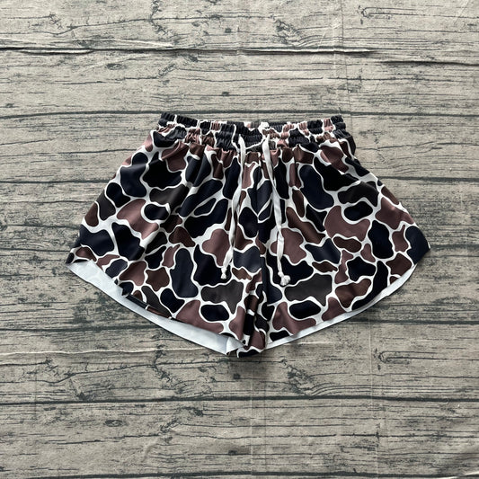 SS0768Adult Women Dark Brown Camo Yoga Active Shorts Ruffle Bottom Preorder