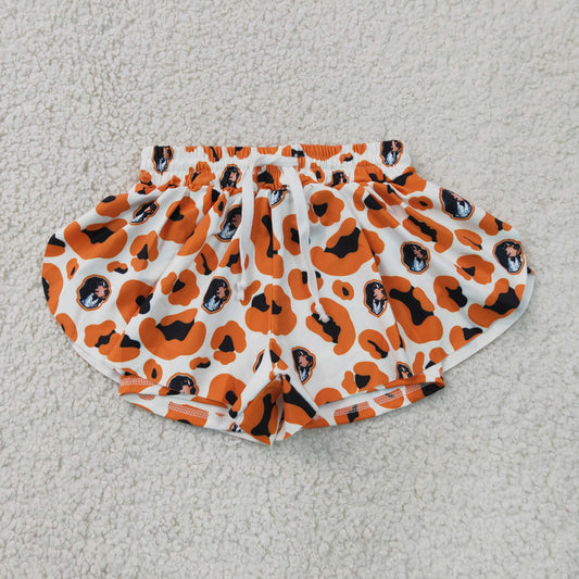 RTS NO MOQ yoga fabric SS0816 Yoga Baby Girls Orange Leopard Print Ruffle Shorts Active Team Bottom