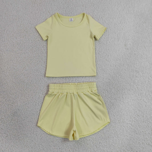 RTS NO MOQ Yoga SS0899+GT1632 Baby Girls Yellow Short Sleeve Top Yoga Sport Shorts Sets