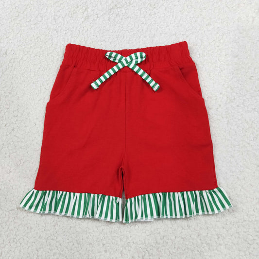 NEW RTS NO MOQ milk silk SS0997 Baby Girls Red Green Stripe Bow Pockets Shorts Bottom