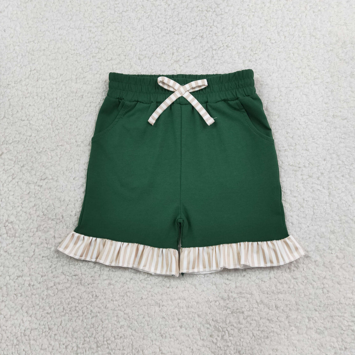 NEW RTS NO MOQ milk silk SS0998 Baby Girls Green Stripe Bow Pockets Shorts Bottom