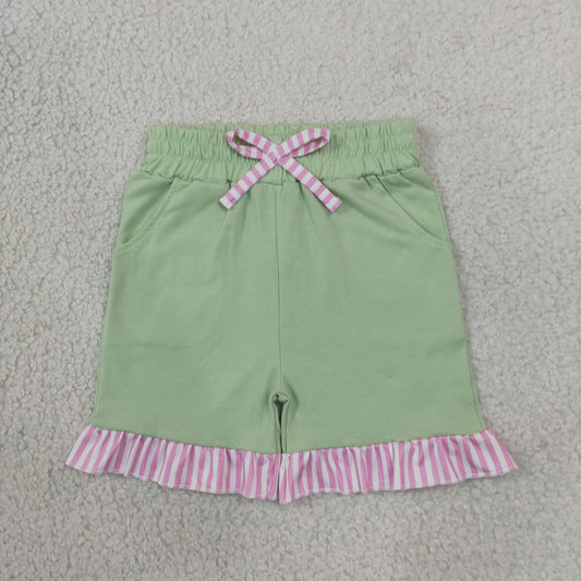 NEW RTS NO MOQ milk silk SS1000 Baby Girls Green Light Pink Stripe Bow Pockets Shorts Bottom