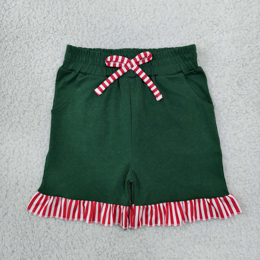 NEW RTS NO MOQ milk silk SS1002 Baby Girls Green Red Stripe Bow Pockets Ruffle Shorts Bottom