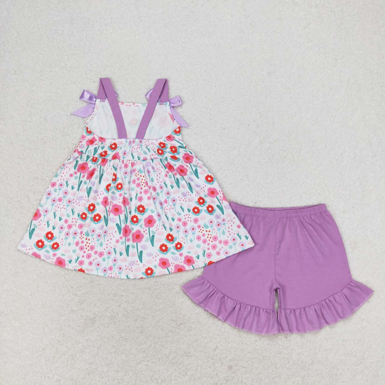 GSSO0992 Flower purple lace bow sleeveless shorts set