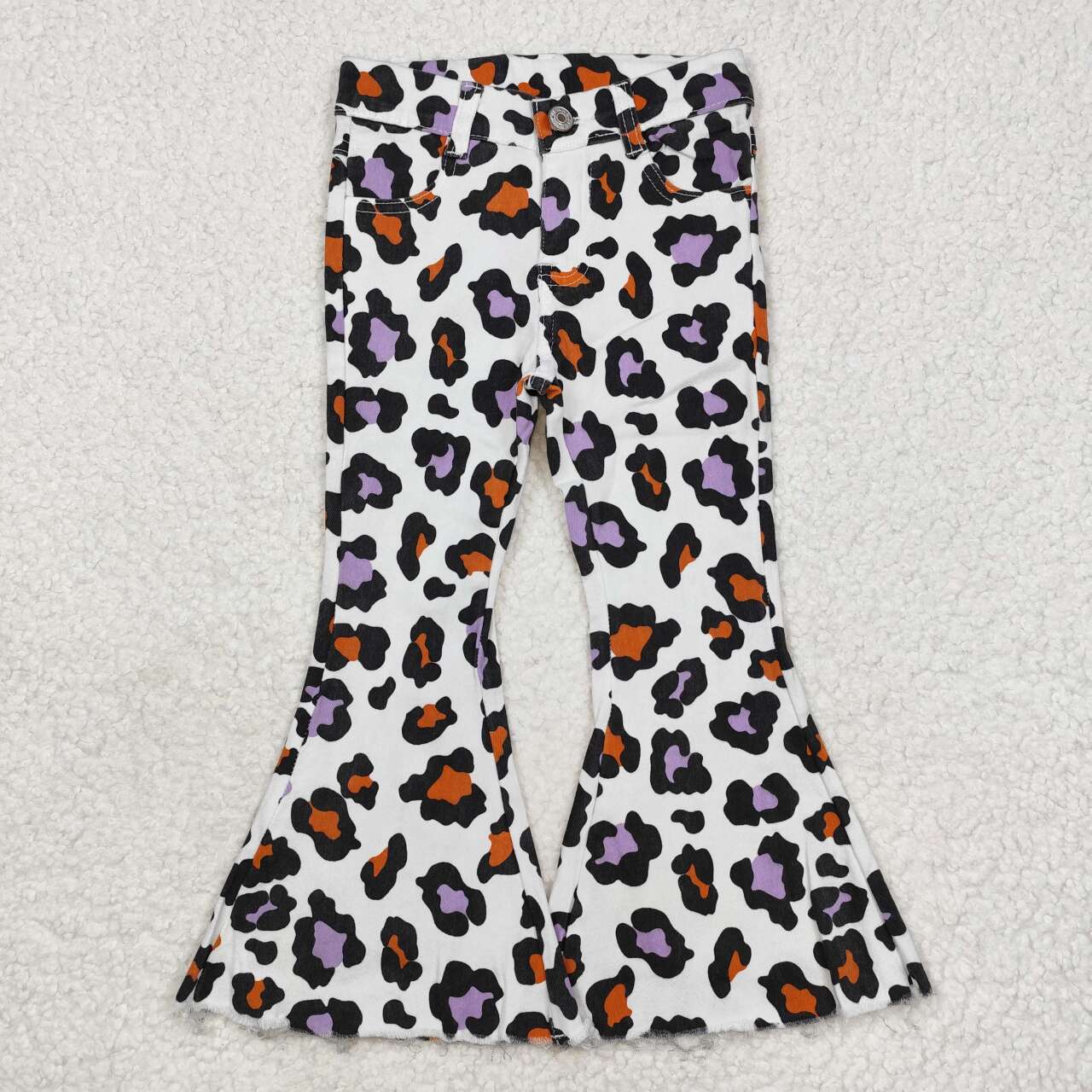 P0470 Orange and purple leopard print denim trousers