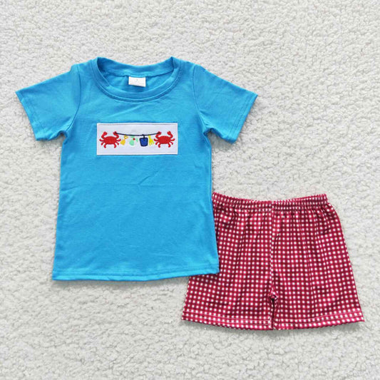 embroidery crab boys shorts sets kids clothes