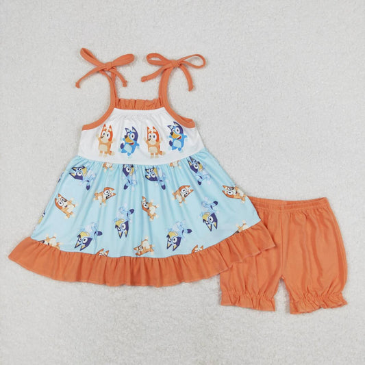 GSSO0720 bluey orange lace suspenders blue sleeveless shorts suit