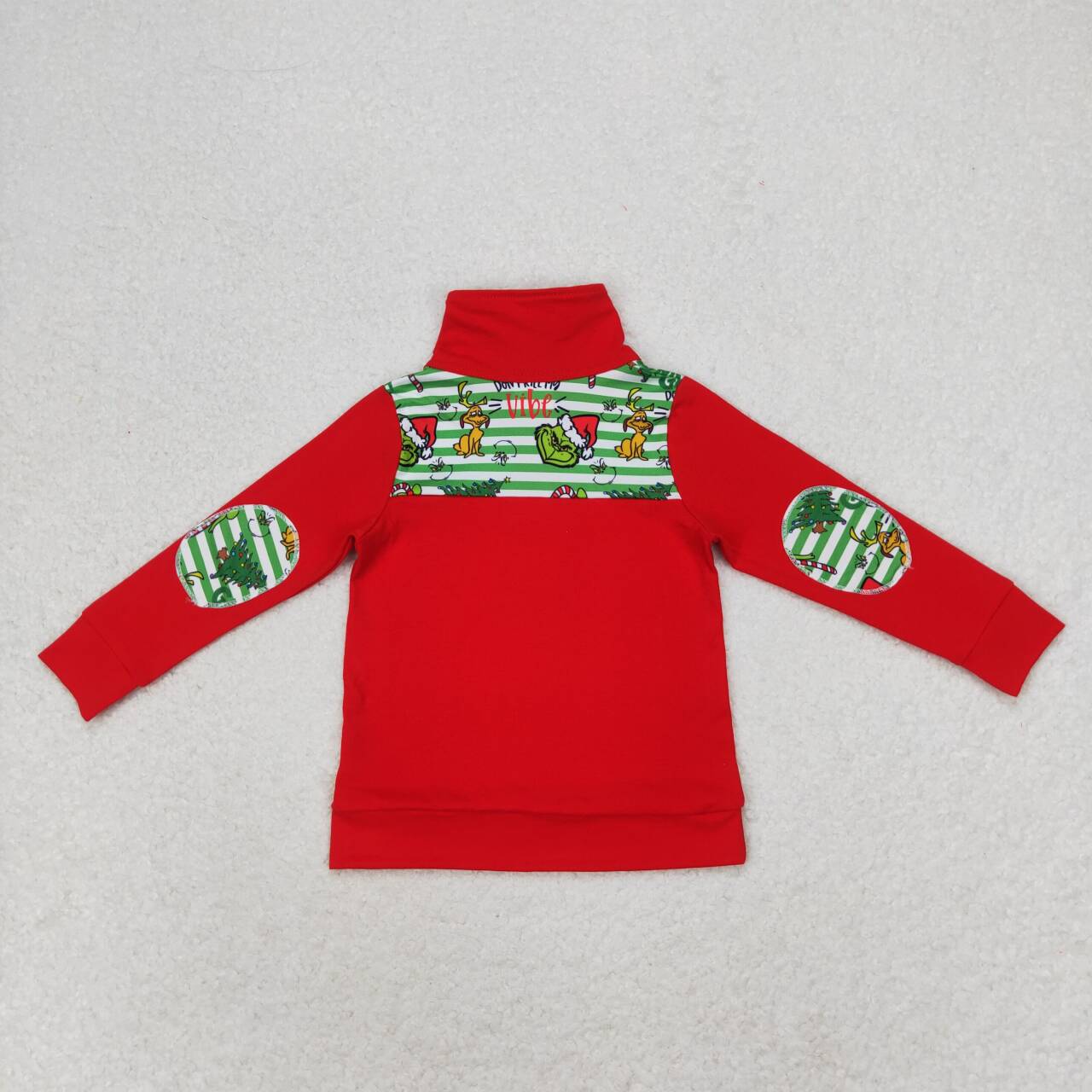 BT0726 Grinch puppy Christmas tree green stripes red zipper long sleeve top