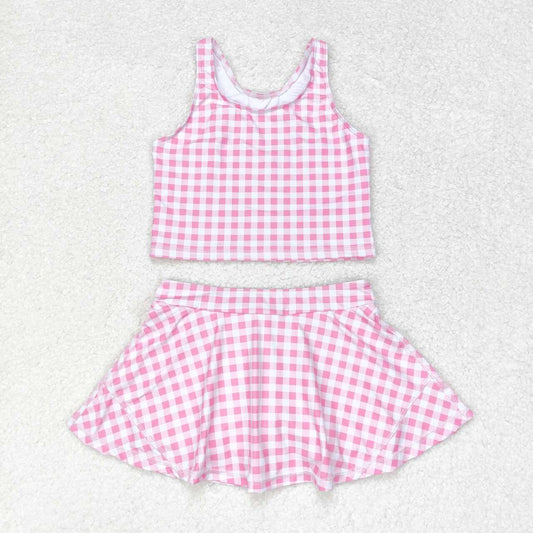 GSD0992 Pink and white plaid sleeveless skirt suit