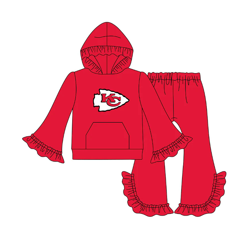 X1.12 Preorder(moq 5)Baby Girls Red KC Pocket Hoodie Bell Bottom Pants Team Clothes Sets