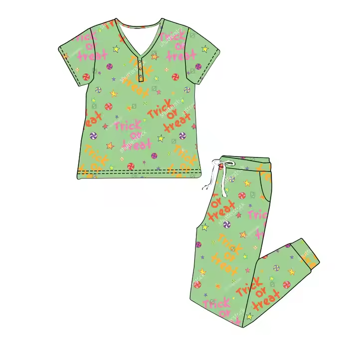 6.21 Green Letter Short Sleeve Pants Suit