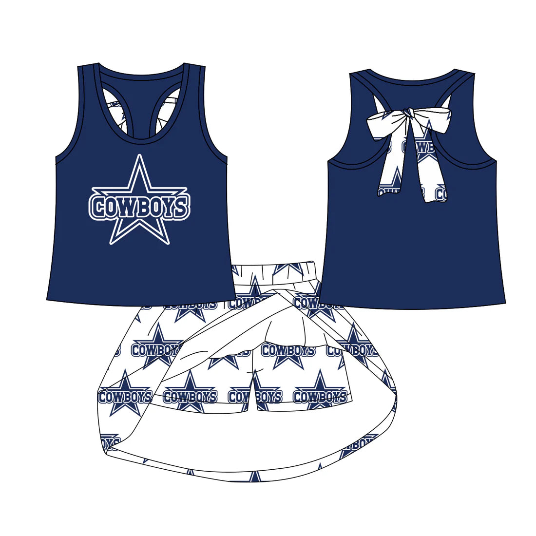 7.29Preorder (moq 5)Baby Girls Cowboys bow vest team Top Skirt Skort Sets
