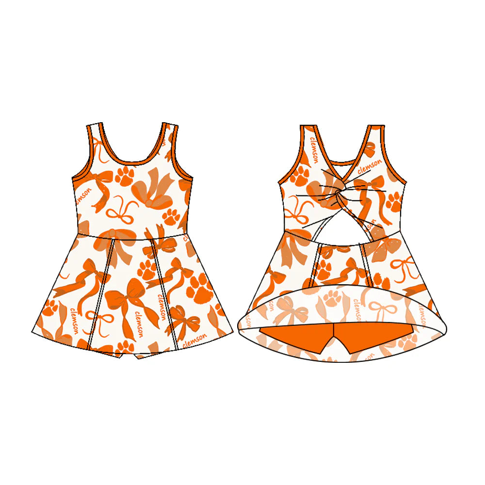 7.12Preorder (moq 5)Baby Girls Sleeveless Clemson Bows Shorts Team Knee Length Dresses