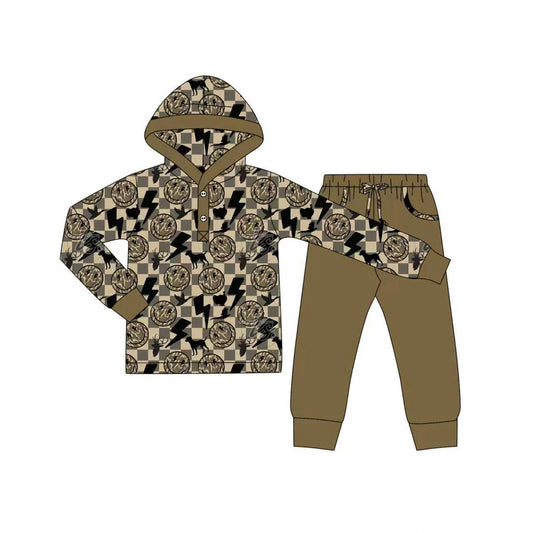 X904Preorder (moq 5)Baby Boys Khaki Checked Lights Smiles Button Hoodie Pockets Jogger Clothes Sets