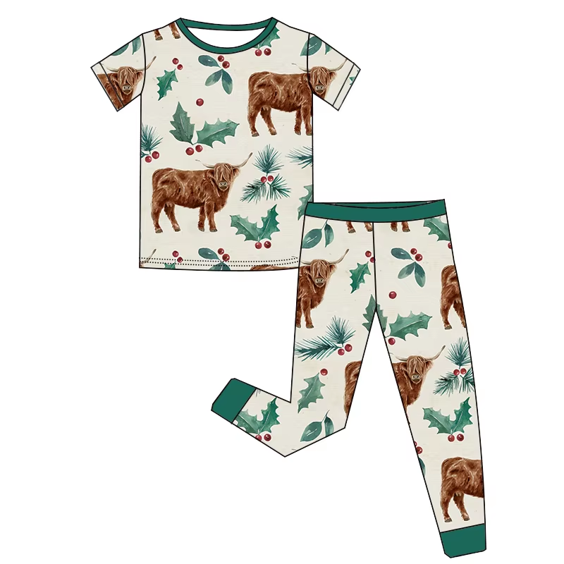 6.24 Cow Leaf Cartoon Short Sleeve Long Pants Suit