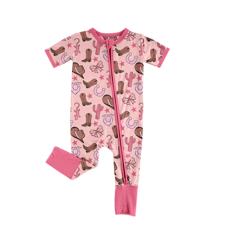 X919Preorder (moq 5)Baby Girls Hats Boots Cactus Western Zipper Footie Rompers