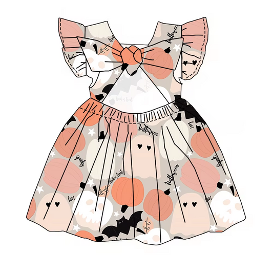 6.19 Halloween Pumpkin Short Sleeve Bow Dress