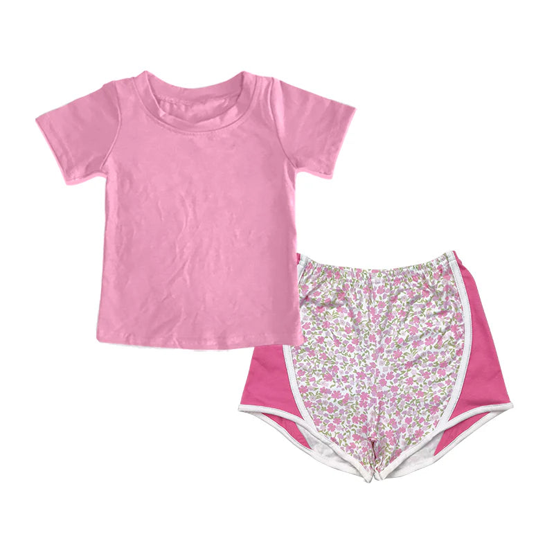 7.30Preorder(moq 5) Baby Girls Short Sleeves Shirts Top Pink Floral Shorts Set