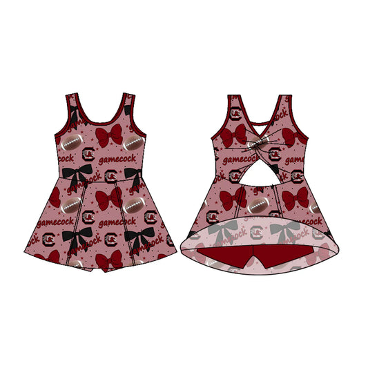 7.22Preorder (moq 5)Baby Girls Sleeveless Bows Footballs Gamecock Shorts Team Knee Length Dresses