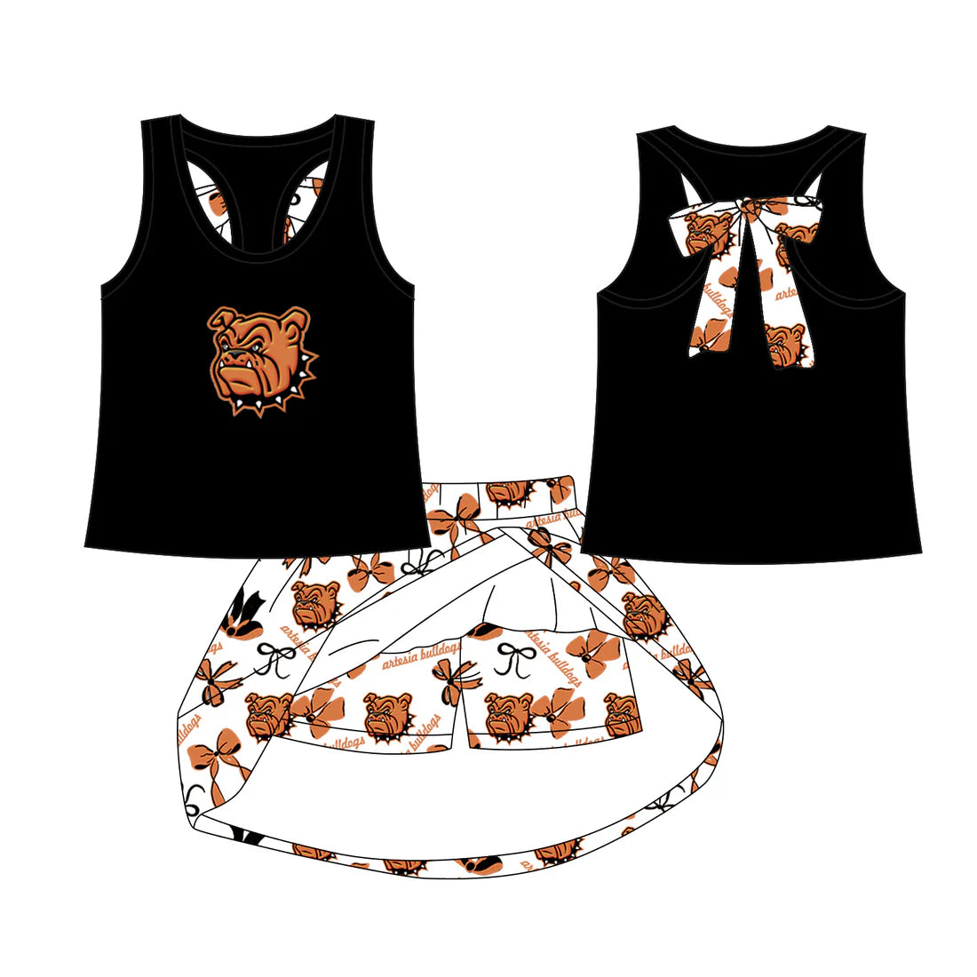 7.22Preorder (moq 5)Baby Girls Black Orange Dog bow vest team Top Skirt Skort Sets