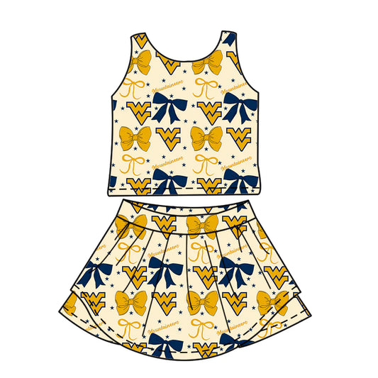 7.1Preorder (moq 5)Baby Girls Sleeveless Mountaineers Bows Top Skorts Team Sets