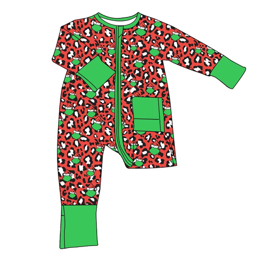 6.20 Green leopard print zipper long sleeve toddler clothes