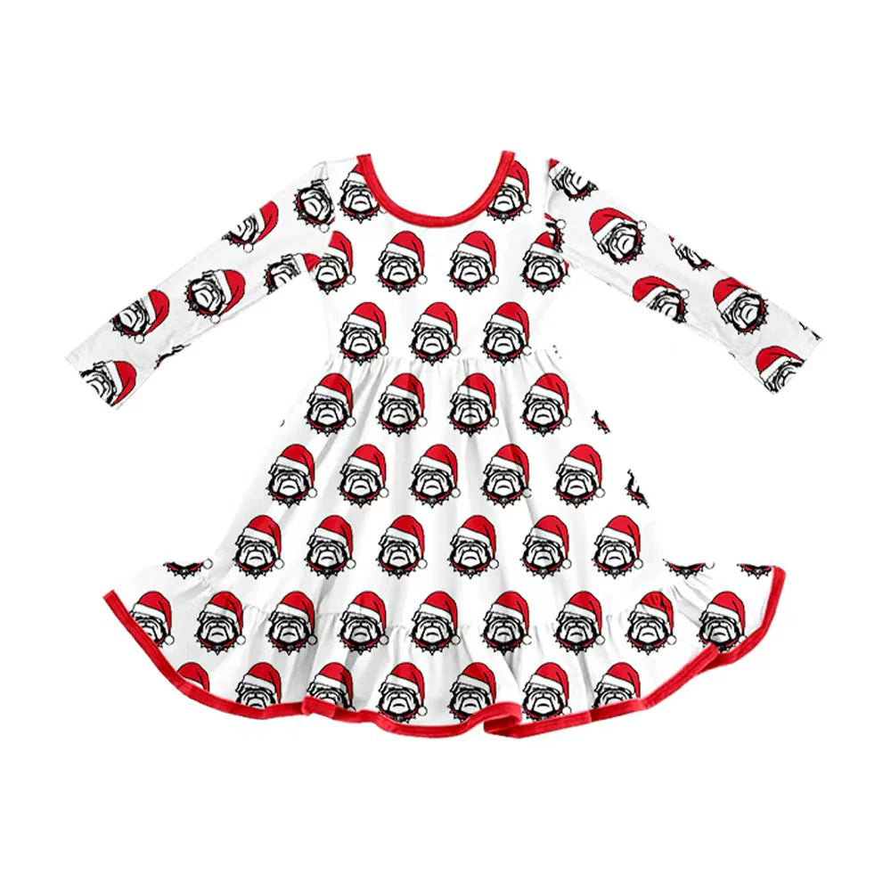 8.13Baby Girls Bulldogs Team Christmas Ruffle Knee Length Dresses