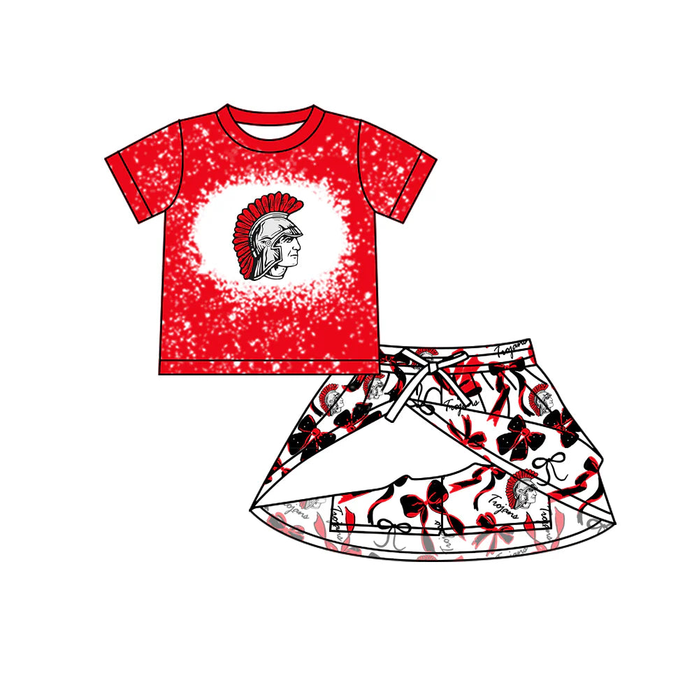 7.5Preorder (moq 5)Baby Girls Short Sleeves Red Trojans Top Bows Skorts Team Sets