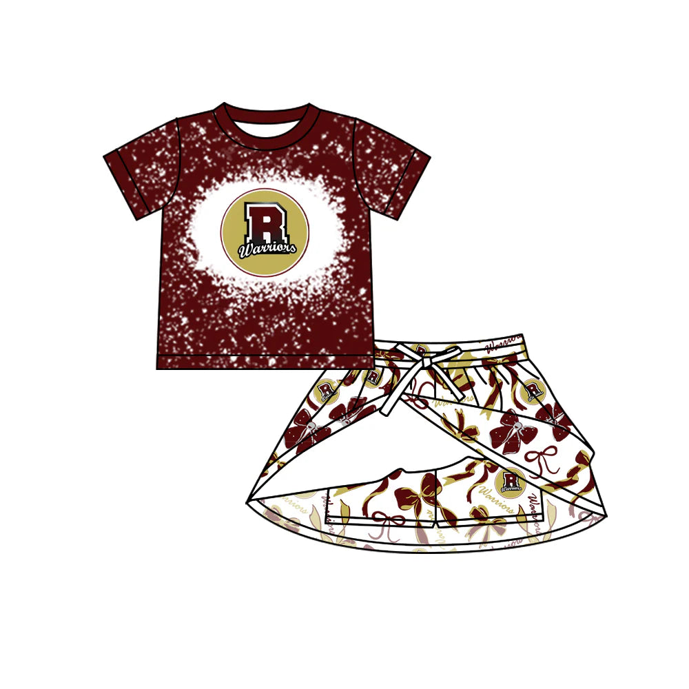 7.11Preorder (moq 5)Baby Girls Wine Short Sleeves Warriors Top Bows Plaid Skorts Team Sets