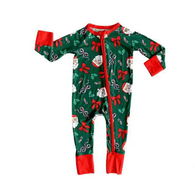 X904Preorder(moq 5)Baby Girls Santa Bows Candy Cane Christmas Footie Rompers