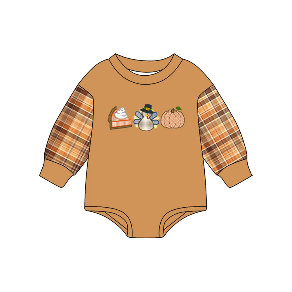 7.4Preorder (moq 5)Baby Boys Brown Long Sleeves Pumpkins Turkey Pie Rompers