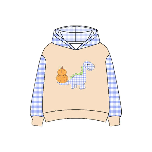 7.4Preorder(moq 5) Baby Boys Blue Plaid Long Sleeves Dinosaur Pumpkins Hoodies Top