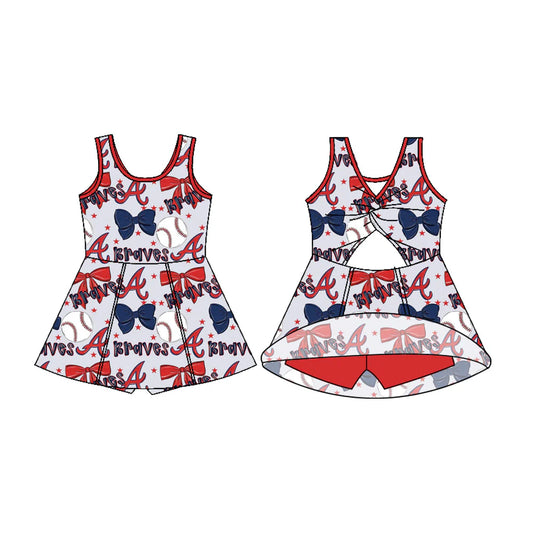 7.18Preorder (moq 5)Baby Girls Sleeveless Bows Stars Baseballs A Shorts Team Knee Length Dress