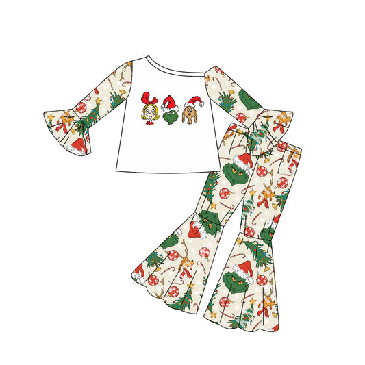 8.11Preorder(moq 5) Baby Girls Christmas Frog One Shoulder Top Bell Pants Outfits Sets