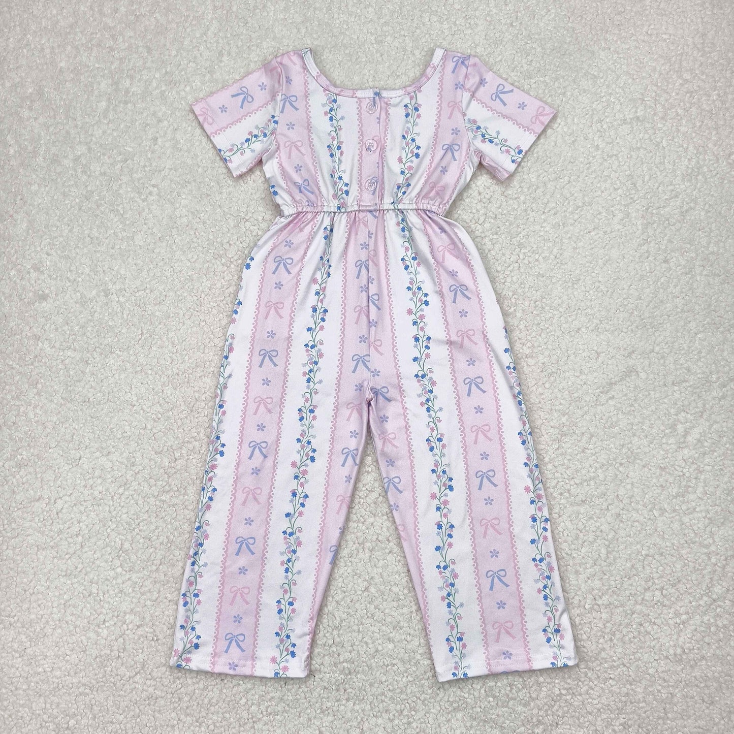 4.12  SR2941 Pink and white short-sleeved bodysuit with flower and bow pattern stripes