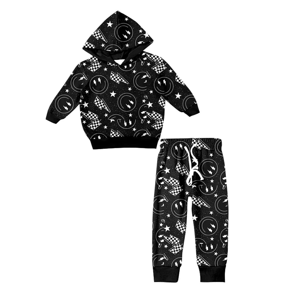 X11.20Preorder (moq 5)Baby Girls Black Light Smile Hooded Top Pants Clothes Sets