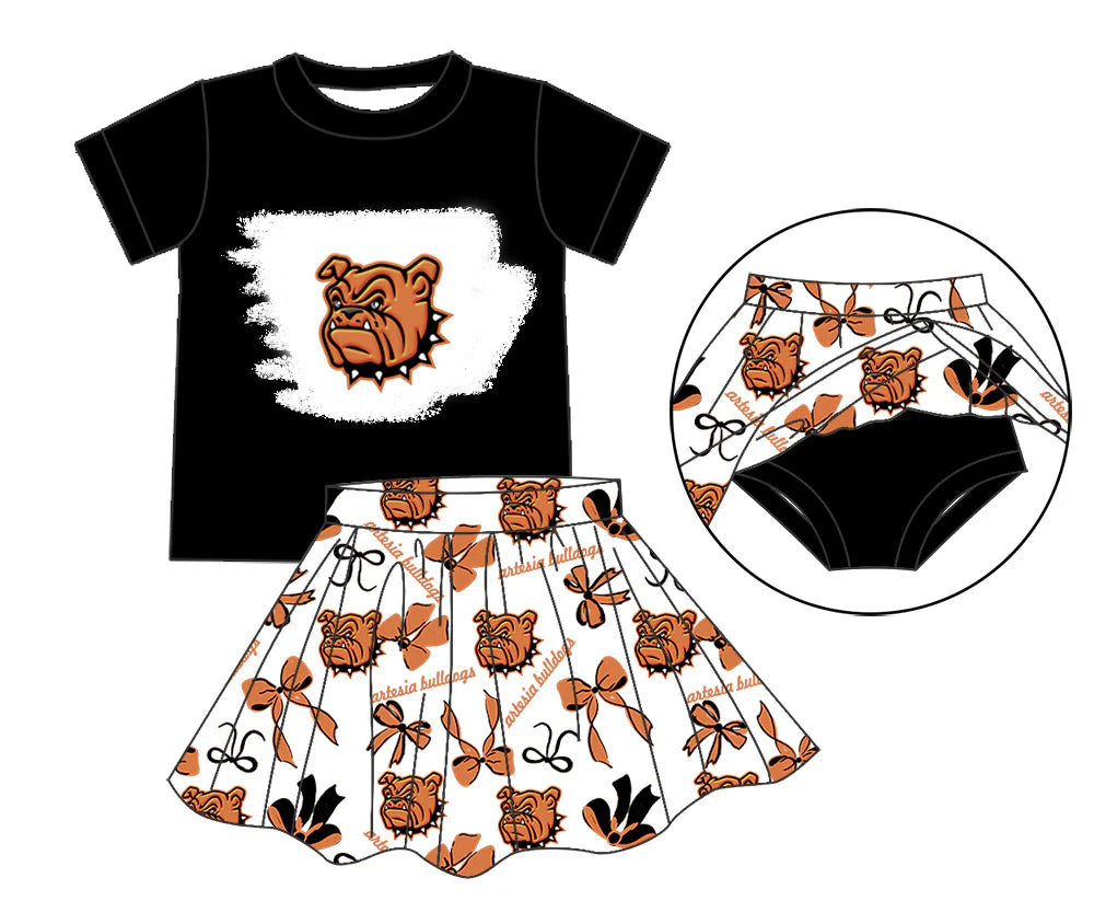 7.22Preorder (moq 5)Baby Girls Black Orange Dog Top Bummie Skorts Team Sets