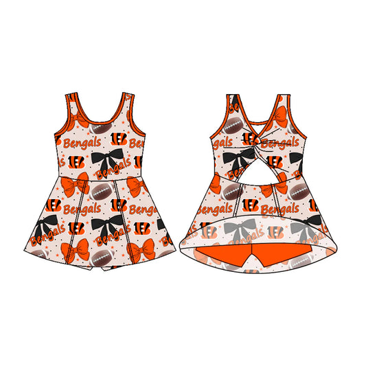 7.18Preorder (moq 5)Baby Girls Sleeveless Footballs Bows Bengals Shorts Team Knee Length Dress