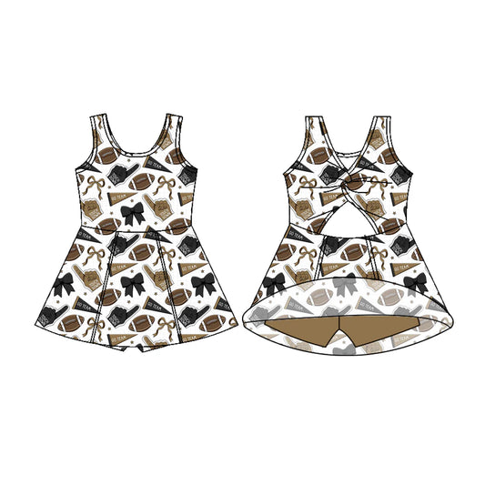 7.22Preorder (moq 5)Baby Girls Sleeveless Olive Bows Footballs Shorts Team Knee Length Dresses