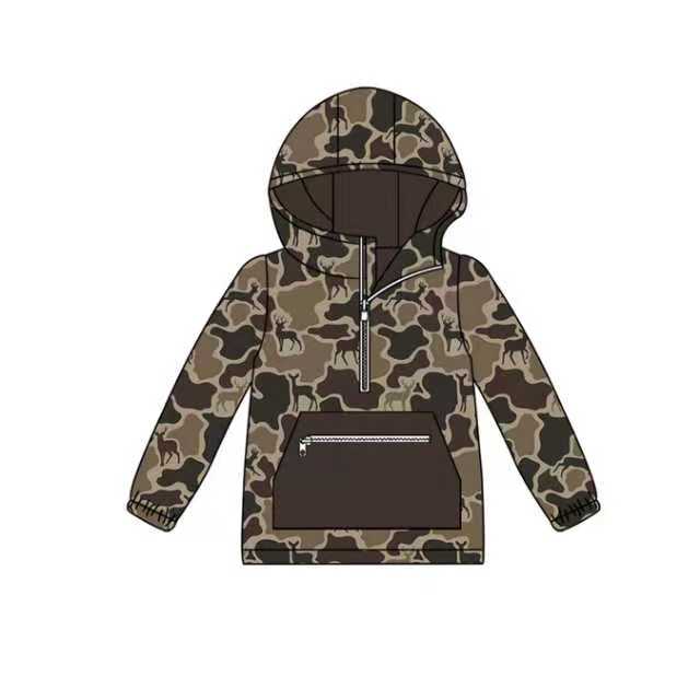 X904Preorder (moq 5)Baby Boys Dark Brown Deer Camo Zipper Pocket Western Hooded Tops