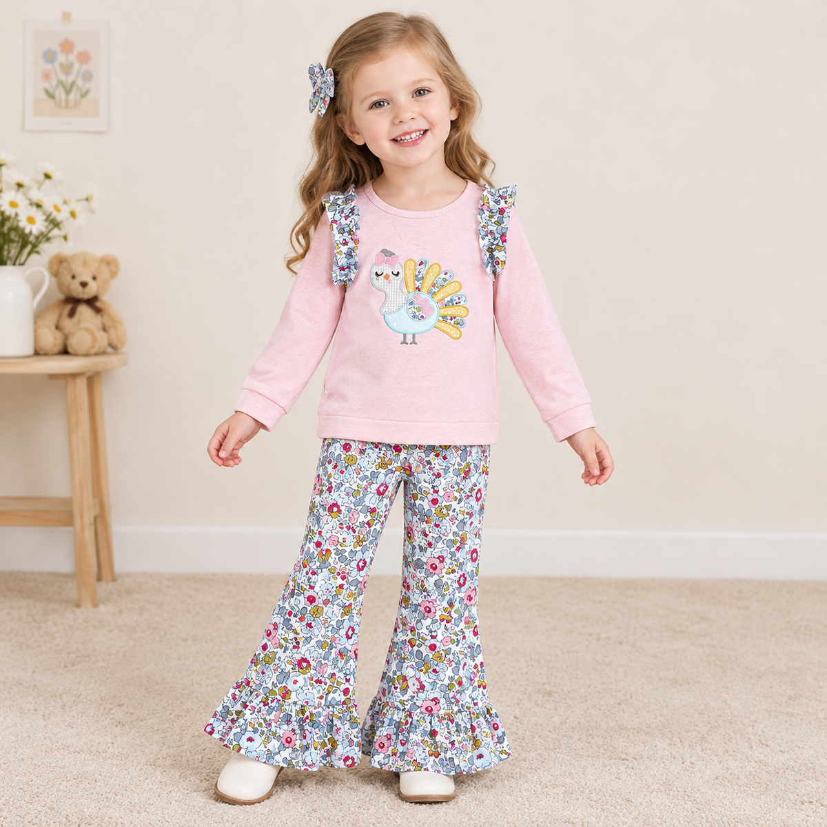 NEW RTS NO MOQ milk silk GLP3597 Embroidery Turkey Flowers Baby Girls Top Flare Pant Thanksgivings Clothes Sets