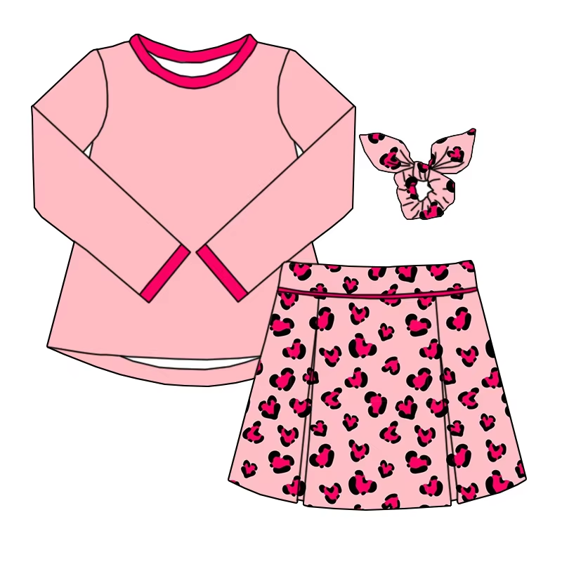 6.10 Solid color top and pink leopard print skirt and pants set