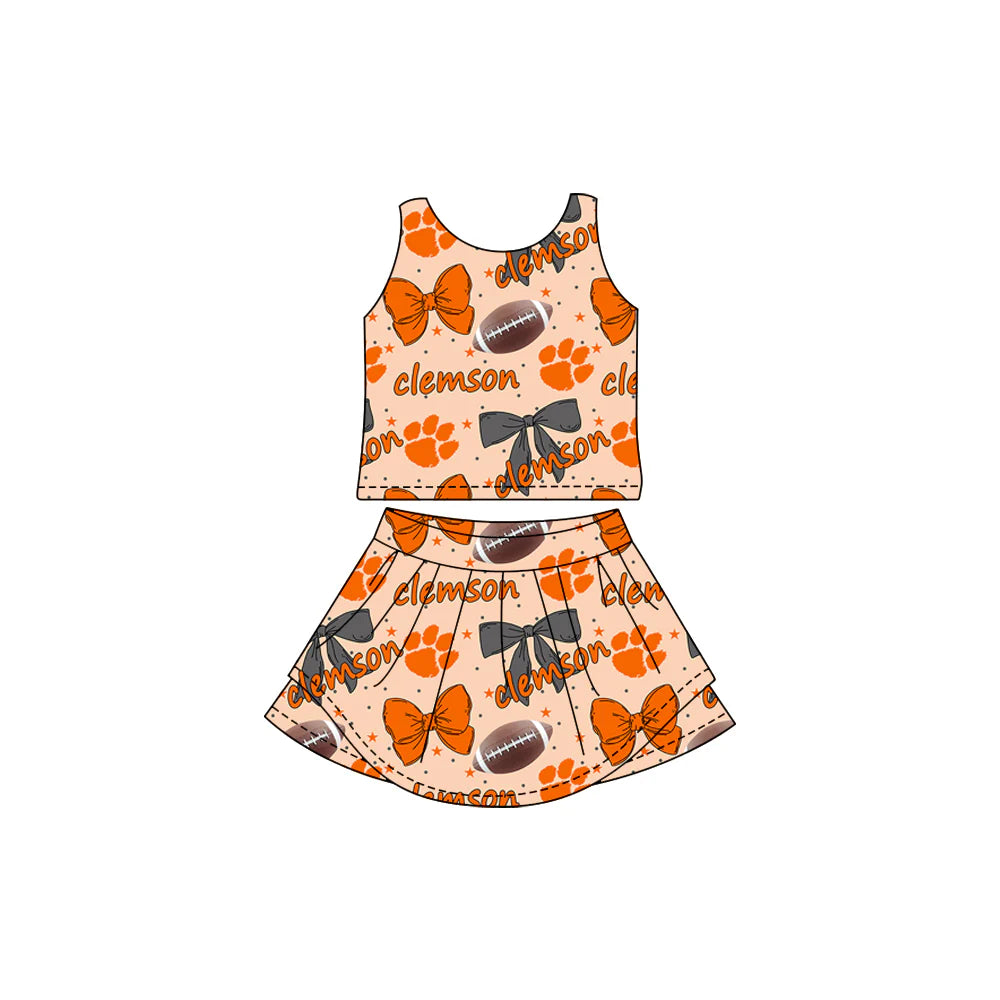 7.22Preorder (moq 5)Baby Girls Sleeveless Team Clemson Footballs Bows Vest Top Skorts Set