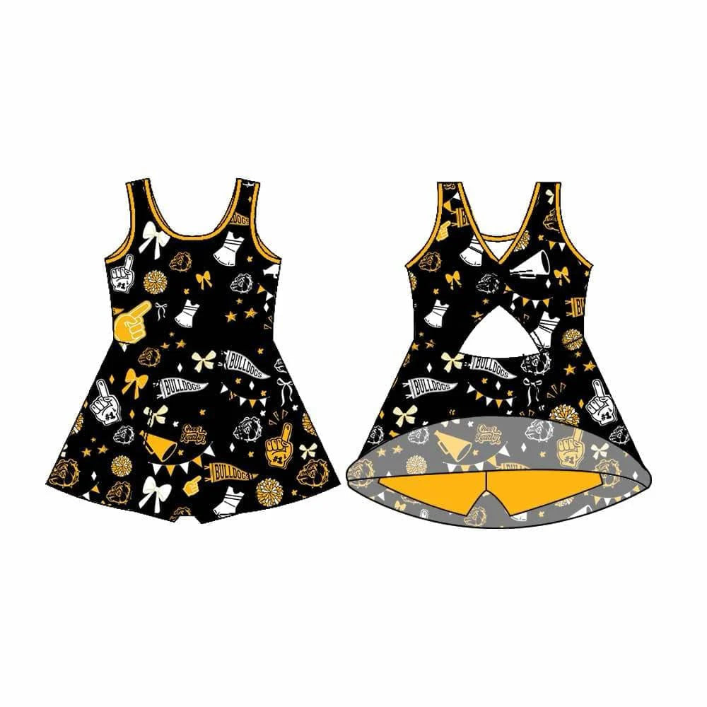 7.22Preorder (moq 5)Baby Girls Sleeveless Black Bulldogs Bows Football Team Shorts Dresses