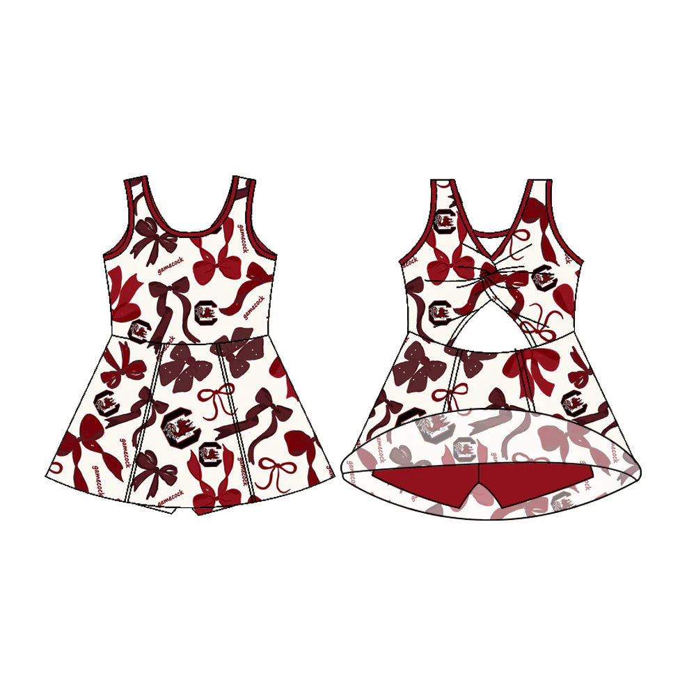 7.11Preorder (moq 5)Baby Girls Sleeveless Gamecock Bows Shorts Team Knee Length Dresses