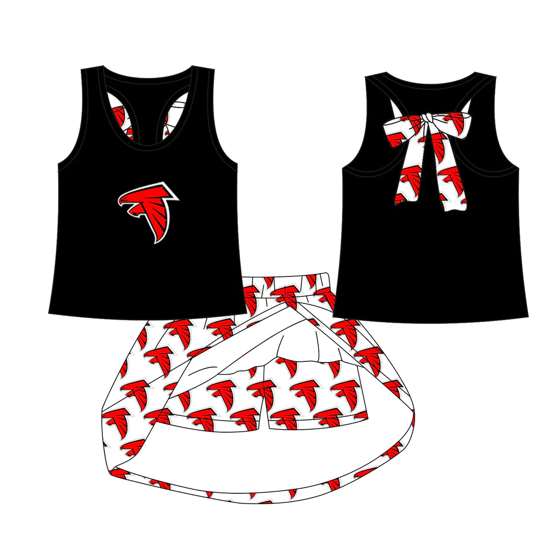 6.28Preorder (moq 5)Baby Girls Black Red Bird team Top Skirt Skort Sets