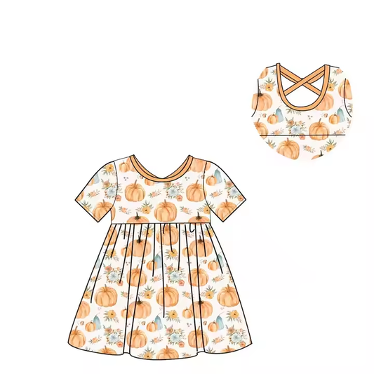 6.12 Orange Pumpkin Floral Short Sleeve Dress