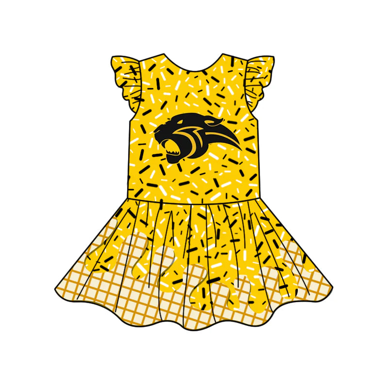 7.1Preorder (moq 5)Baby Girls Golden Team Flutter Sleeve Knee Length Dresses