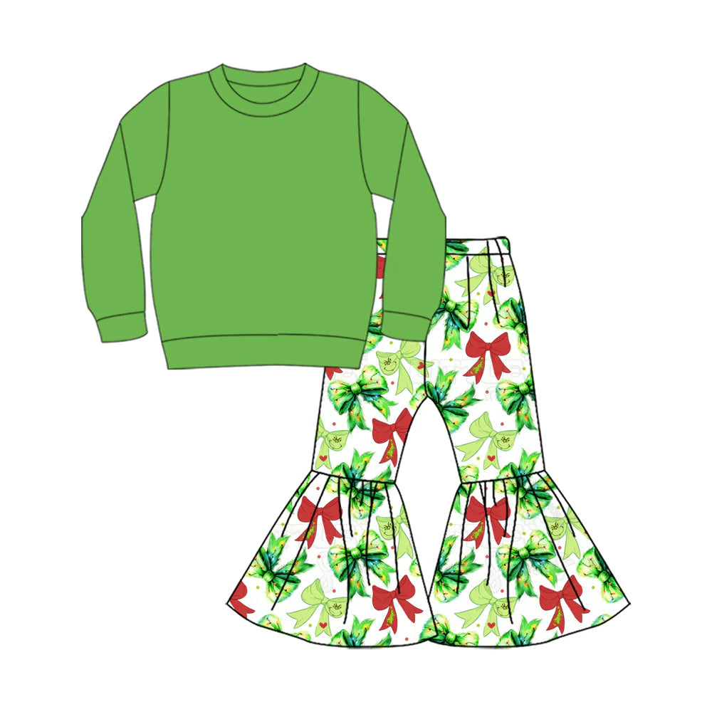 X904Preorder (moq 5)Baby Girls Green Color Shirt Top Bows Stars Bell Bottom Pants Christmas Clothes Sets