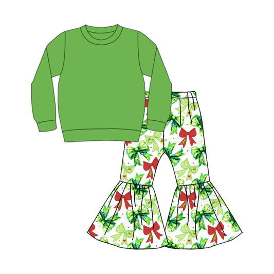 X904Preorder (moq 5)Baby Girls Green Color Shirt Top Bows Stars Bell Bottom Pants Christmas Clothes Sets